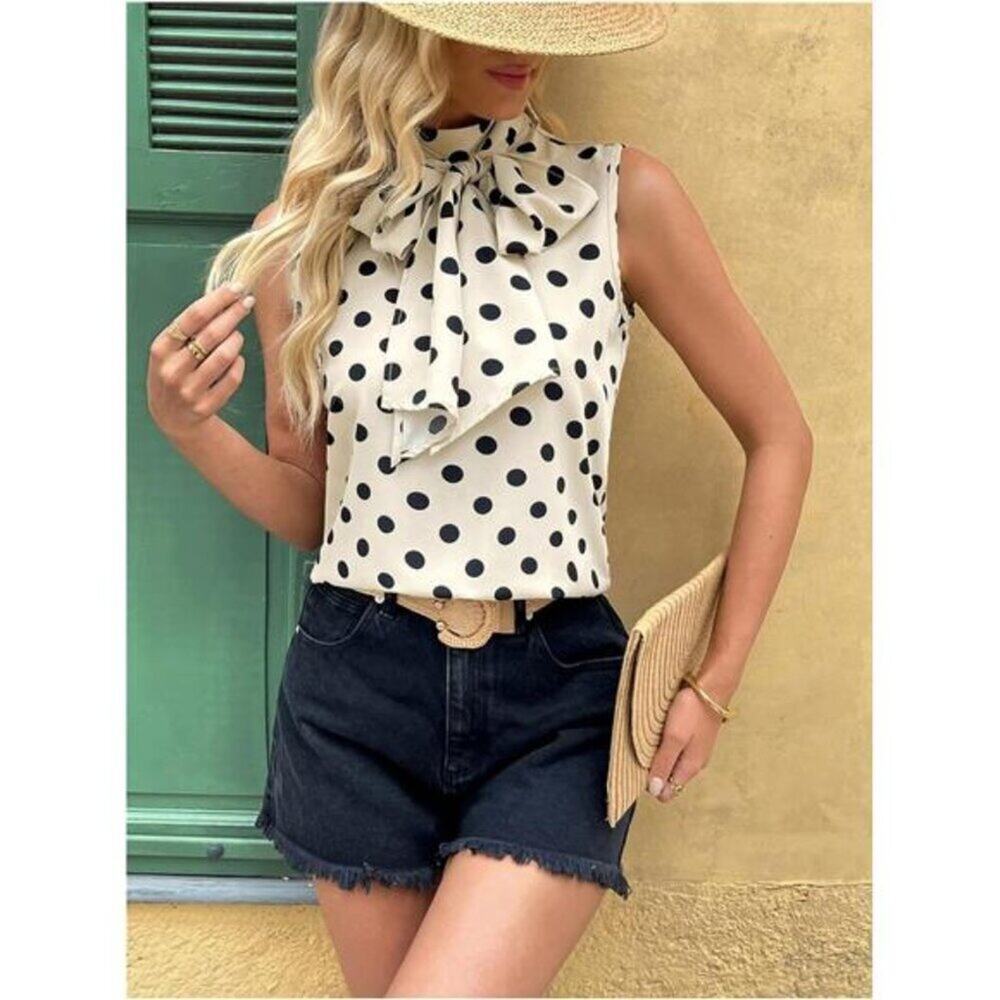 Women's Fashion Dressy Tank Top Polka Dots Bow Sleeveless Business Black & White